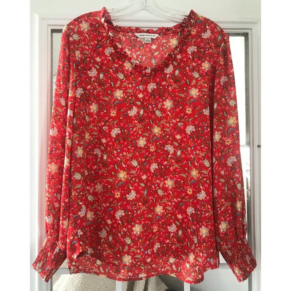 Counterparts Red Floral Print Ruffle Neck Long Sleeve Blouse‎ Women's Size L